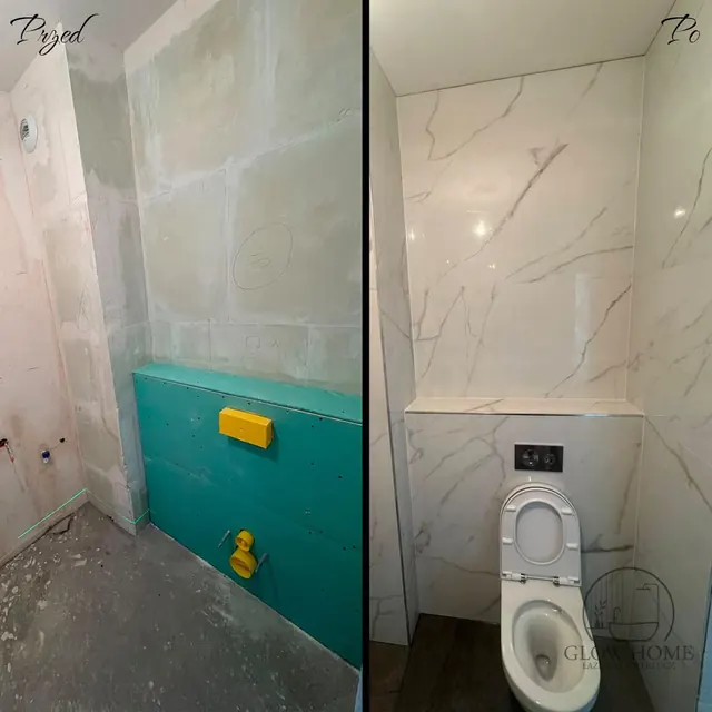 Wrocław — stelaż WC przed zabudową i gotowa ściana w płytkach 60×120